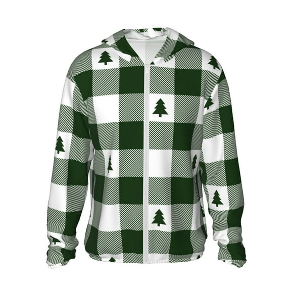 Vsdgher Chemises à Capuche Imprimé à Carreaux Vert Blanc pour Hommes Femmes, Manches Longues Protection Solaire Pêche pour Course Natation-Grand