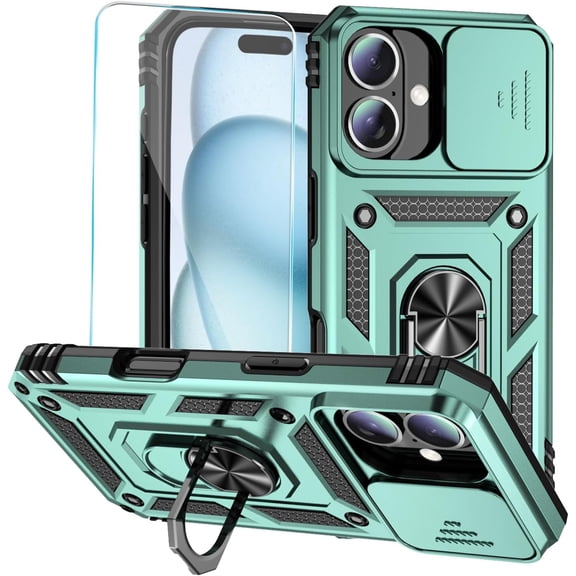 MYKOMI for iPhone 16 Plus Case with HD Screen Protector & Slide Camera Cover & Rotated Ring Kickstand, [Military-Grade] Phone Case for iPhone 16 Plus (6.7‘’)