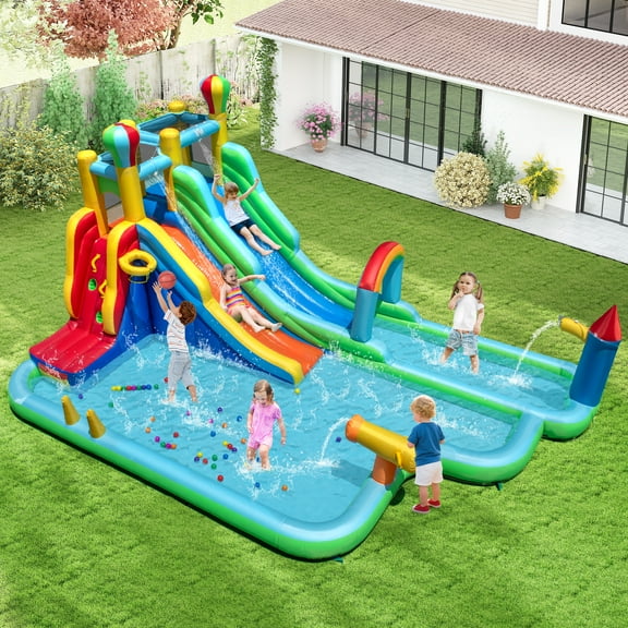 Gymax Inflatable Water Park w/Climbing Wall Basketball Rim Splash Pool Blower Excluded