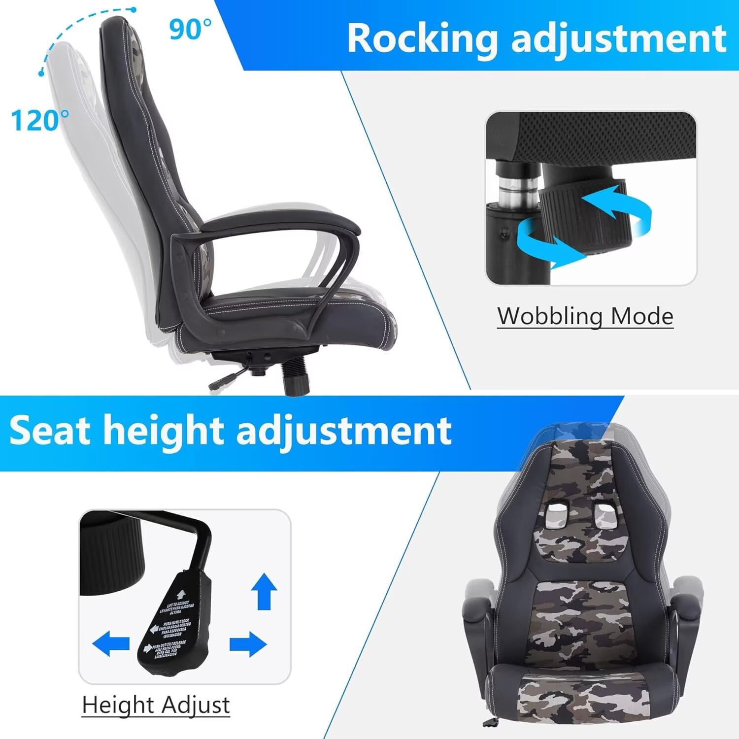YRLLENSDAN Adjustable Gaming Chair Ergonomic Leather with Massager, Rolling Home Office Desk Chairs With Armrest and Lumber Support, Comfortable Computer Chair with Wheels for Adults, CAMO