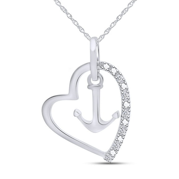 AFFY White Natural Diamond Heart & Anchor Pendant Necklace in 14k White Gold Over Sterling Silver (0.1 Ct)