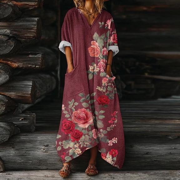 Ynynloco Women's Linen Blend Floral Print V Neck Batwing Sleeve Oversized Maxi Dress Casual Beach Kaftan Loungewear with Pockets