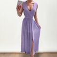 thumbnail image 4 of Quixlent Women Evening Dress V Neck Sleeveless Pleated Split Hem Slim Waist Floor Length Solid Color Wedding Cocktail Party Prom Maxi Dress, 4 of 8