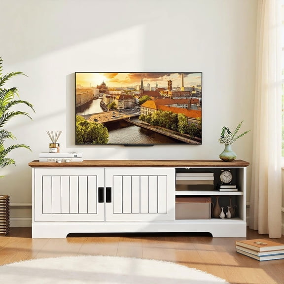 Barara King Farmhouse Entertainment Center with Sliding Doors and Storage Cabinets for TVs up to 65 Inch, TV Console Table for Living Room, Home Office, White