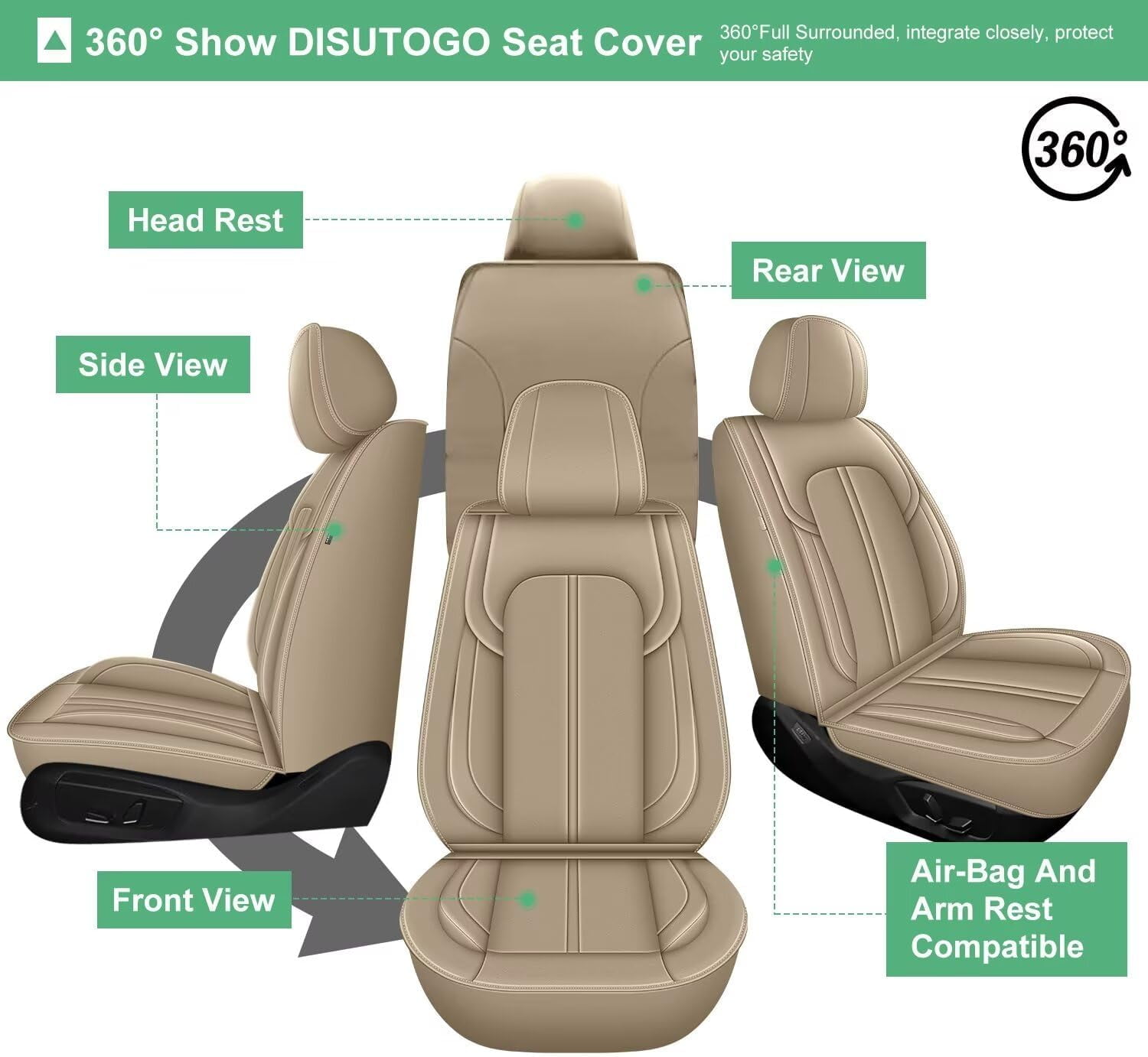 DIKSOAKR Car Seat Covers Fit for Ford F-150 2009-2025: First Row 2PCS Faux Leather Seat Covers Waterproof Automotive Seat Cushion Protector(2 Seats,Beige)