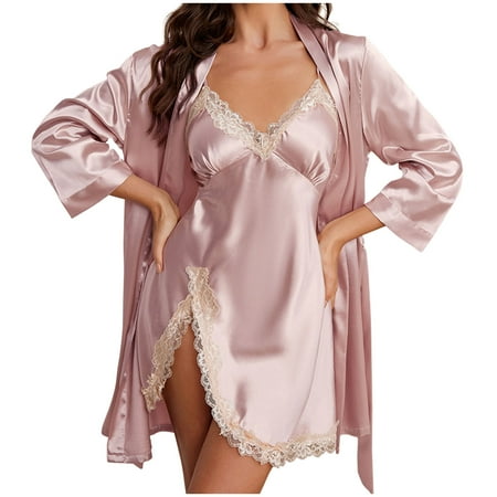 Gnurob Clearance 2 Pack Women s Satin Nightgown Silk Slip Dress Sleepwear Sexy Lace V Neck Negligee Lingerie Split Hem Short Nightwear and Lightweight Robes Saving Pink X-Large