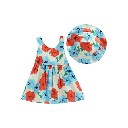 

Canrulo Princess Baby Girls Summer Dress With Hats 2pcs Sleeveless Flowers Printed Back Big Bowknot Sundress Light Blue 18-24 Months