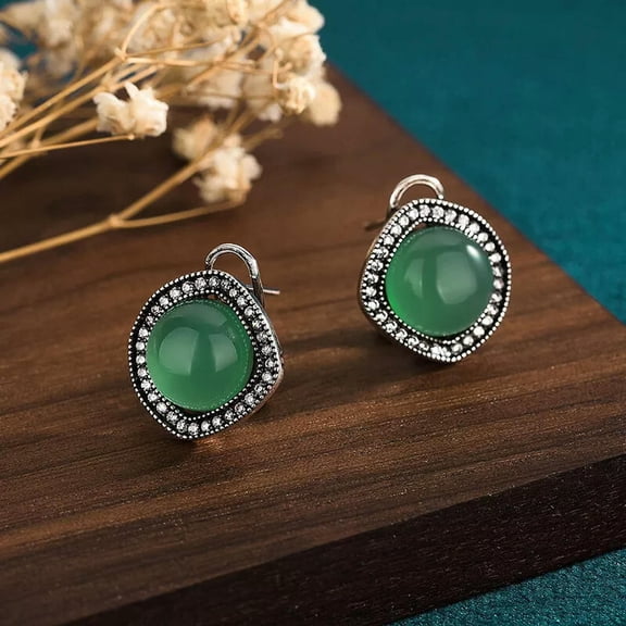 HOOUN Green Jade Earrings Thai Silver Natural Women Jewelry Gemstone Gemstones Fashion