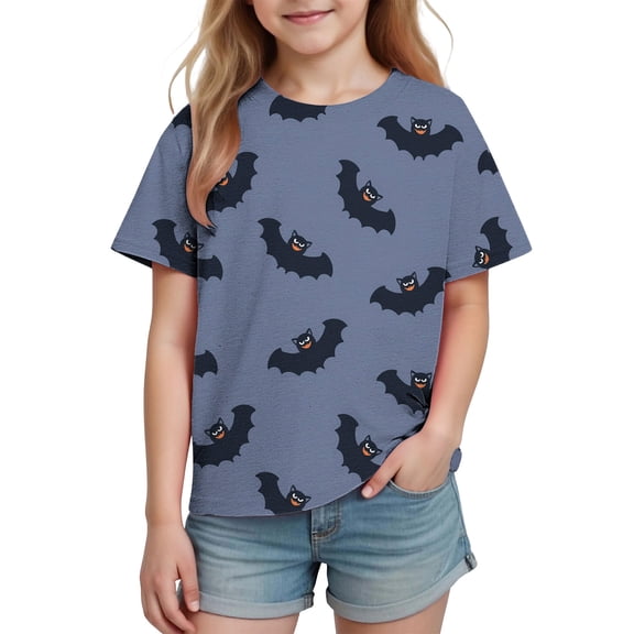 Kids Bat Print T-Shirt Spooky Halloween Short Sleeve Top Soft Breathable Graphic Shirt Halloween Cartoon Shirts School Party Daily Wear