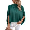 thumbnail image 1 of Blusa casual para mujer Top con lazo en la espalda Media manga Cuello alto Color puro Blusa holgada Jersey Verde oscuro XL, 1 of 7