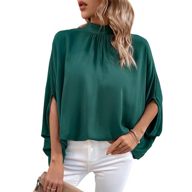 Blusa casual para mujer Top con lazo en la espalda Media manga Cuello alto Color puro Blusa holgada Jersey Verde oscuro XL