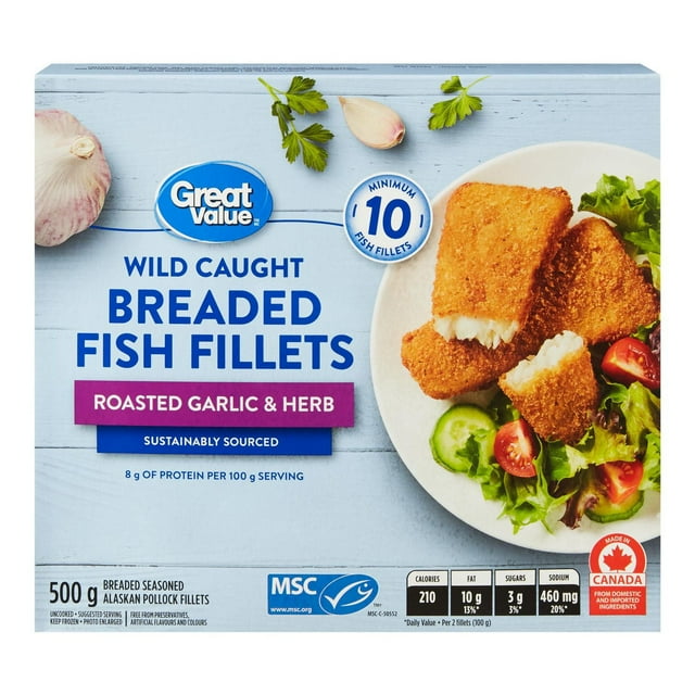 Great Value Roasted Garlic & Herb Breaded Fish Fillets, 500 g