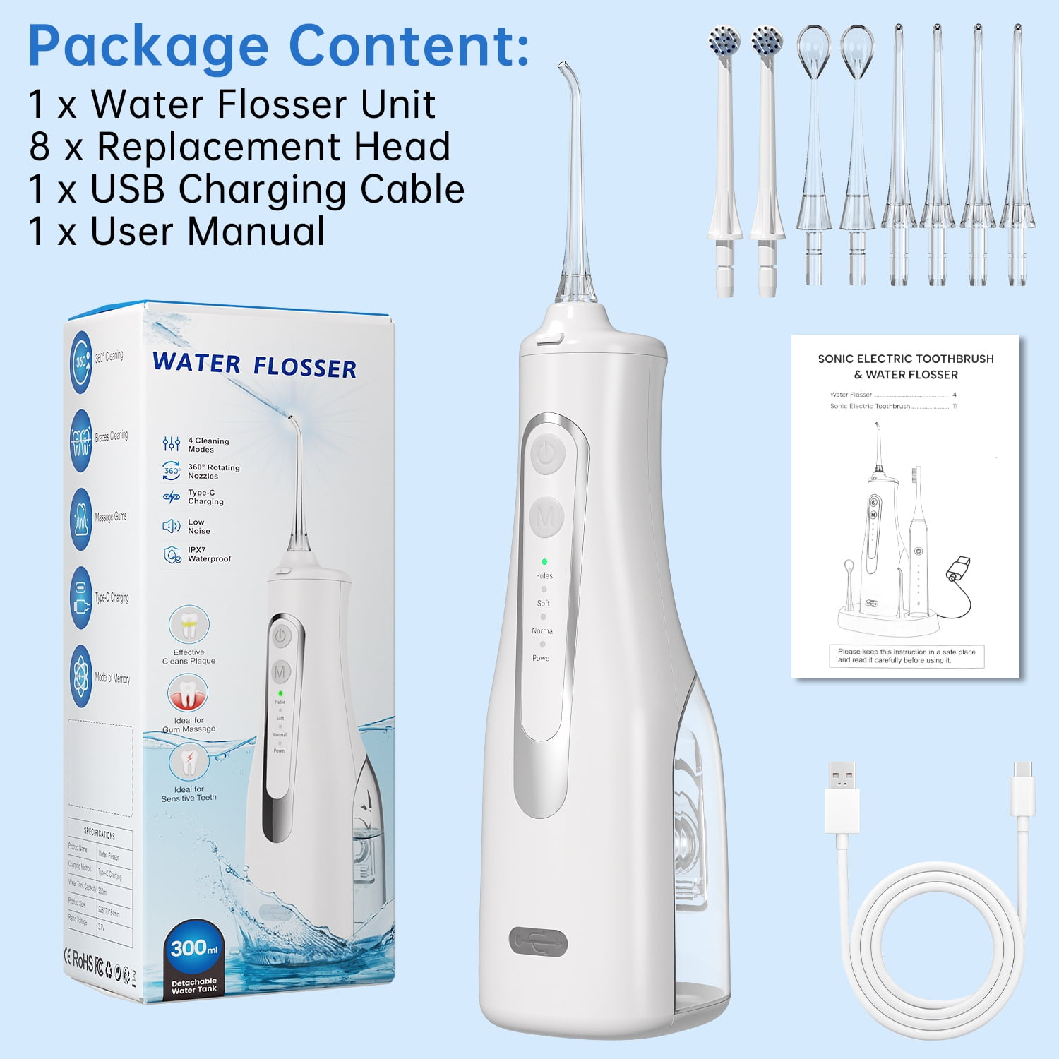 Cshidworld Water Flosser, Cordless Oral Irrigator 300ml Water Tank, Rechargeable Travel Dental Irrigation Cleaner with 4 Modes & 8 Jet Tips, IPX7 Waterproof Dental Irrigator with Charge Station