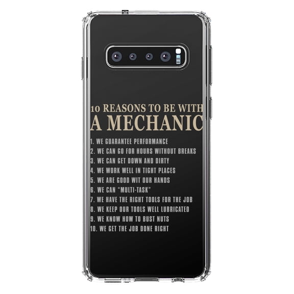 DistinctInk Clear Shockproof Hybrid Case for Samsung Galaxy S10  PLUS (6.4" Screen) - TPU Bumper Acrylic Back Tempered Glass Screen Protector - 10 Reasons to Be With a Mechanic