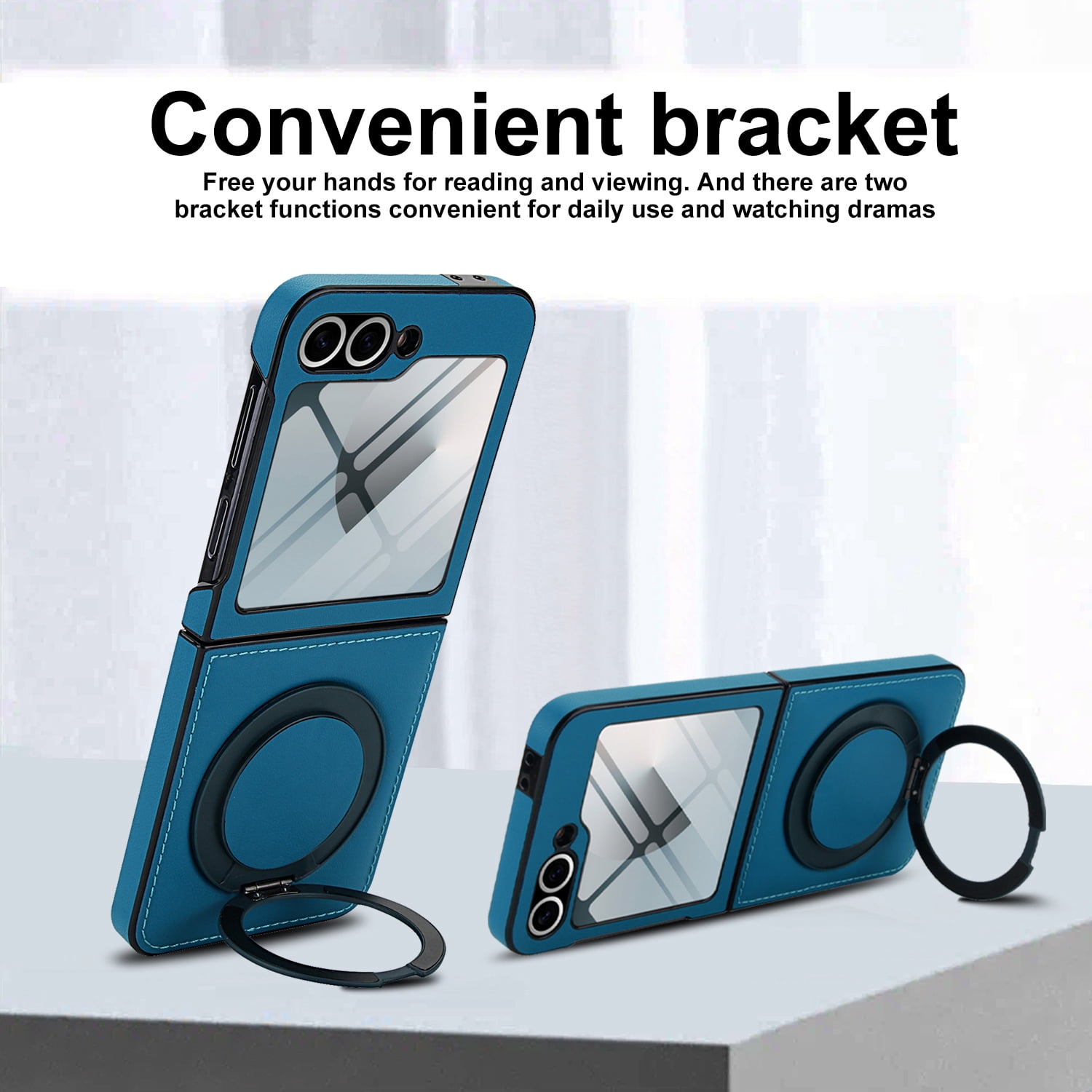 Compatible with Samsung Galaxy Z Flip 7 Phone Case,Built-in Screen Protector,360° Rotatable Ring Kickstand,Compatible with Mag-Safe,Anti-Scratch Leather Shockproof Rugged Phone Case,Blue