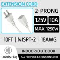 thumbnail image 2 of Cable de alimentación WMSDGZAI, 3 m, polarizado, 2 clavijas, 10 A, 125 V, blanco, paquete de 2, 2 of 9
