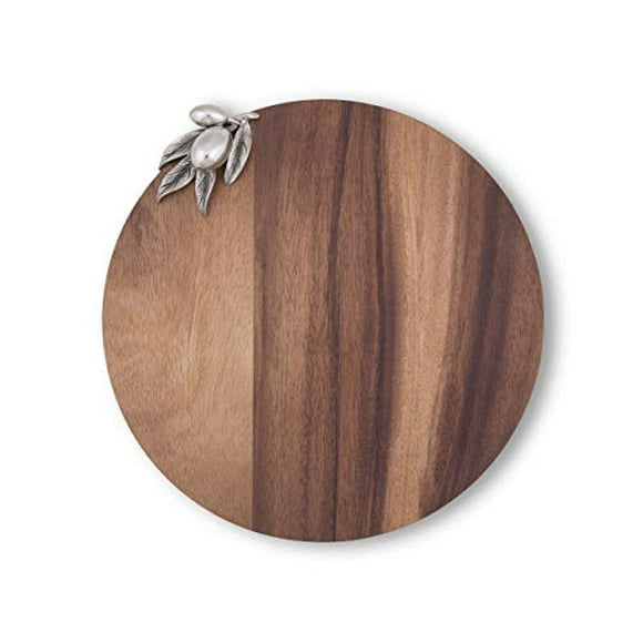 Vagabond House Olive Acacia Wood Cheese / Bar Board with Pewter Tuscan Olive Accent 10 inch Diameter .75 inch Tall