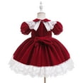 thumbnail image 5 of Zwiiyzr Toddler Infant Baby Girls Birthday Princess Dress Holiday Christmas Cute Velvet Spliced Tulle Ruffled Dress Square Neck Solid Color Long Sleeves Dress For 1-4 Years Red, 5 of 9