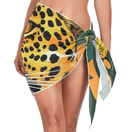 Leopard and Flowers Leaves Women Coverups Beach Cover Up Chiffon Swimsuit Bikini Wrap Short Skirt Beach Slit Tie Waist