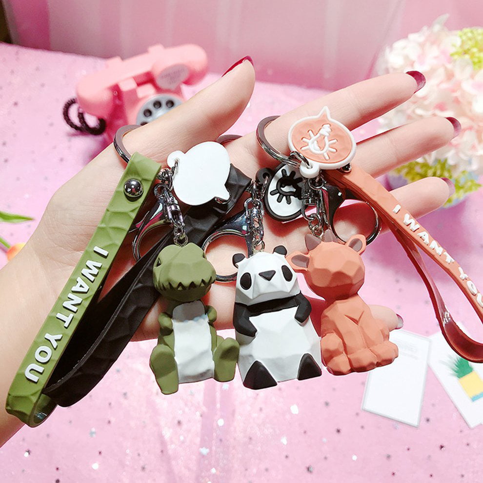 3D Cartoon Panda Geometric Key Chain Small Dinosaur Keychains Animal Ring Gifts 