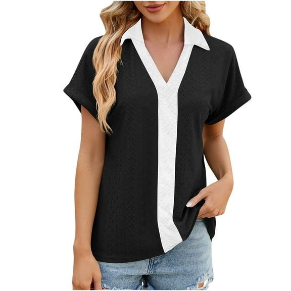 Clearance qolati Short Sleeve Womens Tops Summer Loose V Neck Henleys T-Shirts Dressy Casual Patchwork Tunic Eyelet Blouses