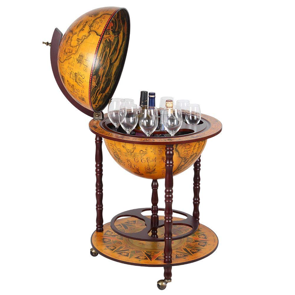 NEX Portable Vintage Tan Wooden Globe Wine Cart, designed with Italian