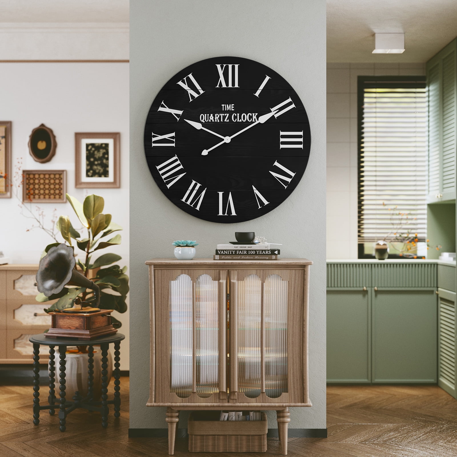 HLR 35.5” Farmhouse Large Shiplap Round Wall Clock with Roman Numeral for Living Room Decor, Black