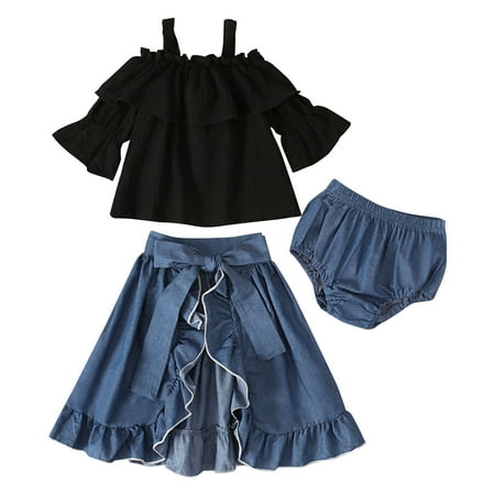 

Toddler Girls Outfit Sets Summer Clothing Set Black Half Sleeved Off Shoulder Suspender Top Split Denim Skirt Three Piece Set Black Jacket