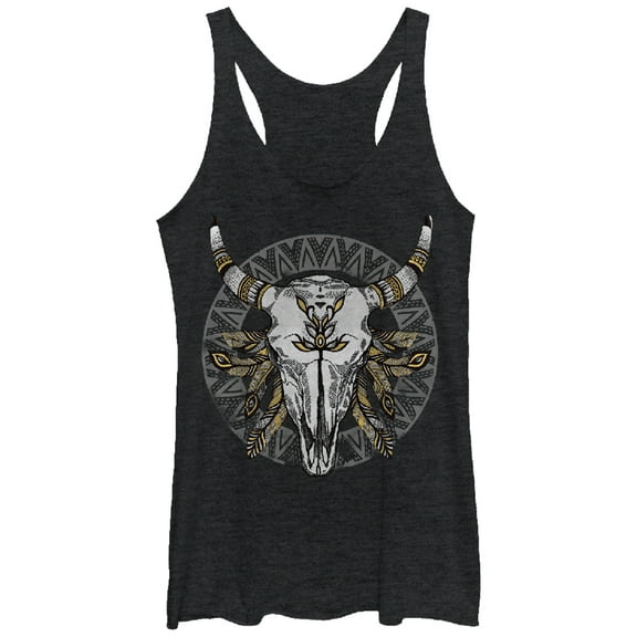 Women's Lost Gods Cow Skull With Feathers Racerback Tank Top Black Heather Large