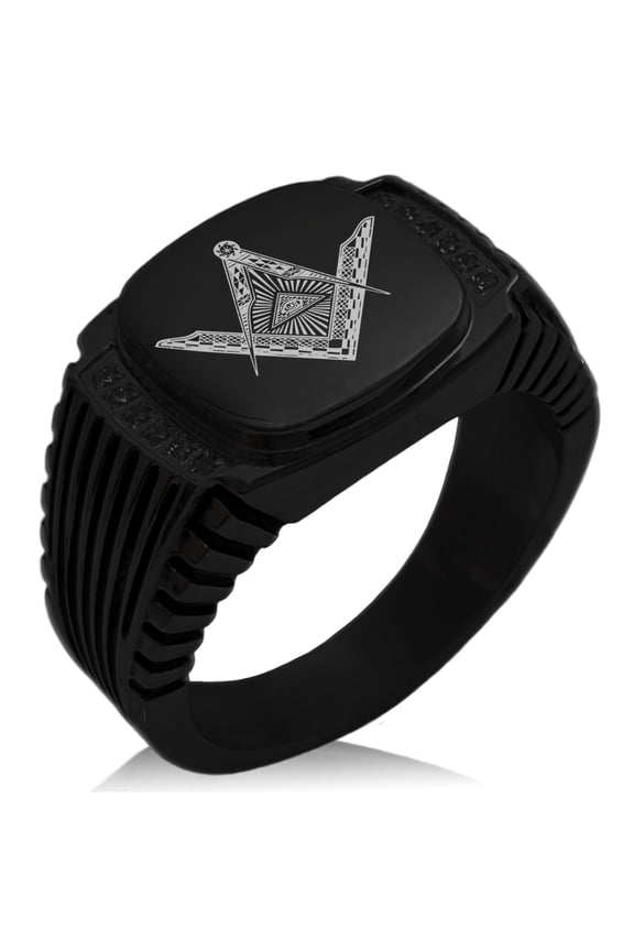 Stainless Steel Freemasons Masonic Eye of Providence CZ Ribbed Needle Stripe Pattern Biker Style Polished Ring