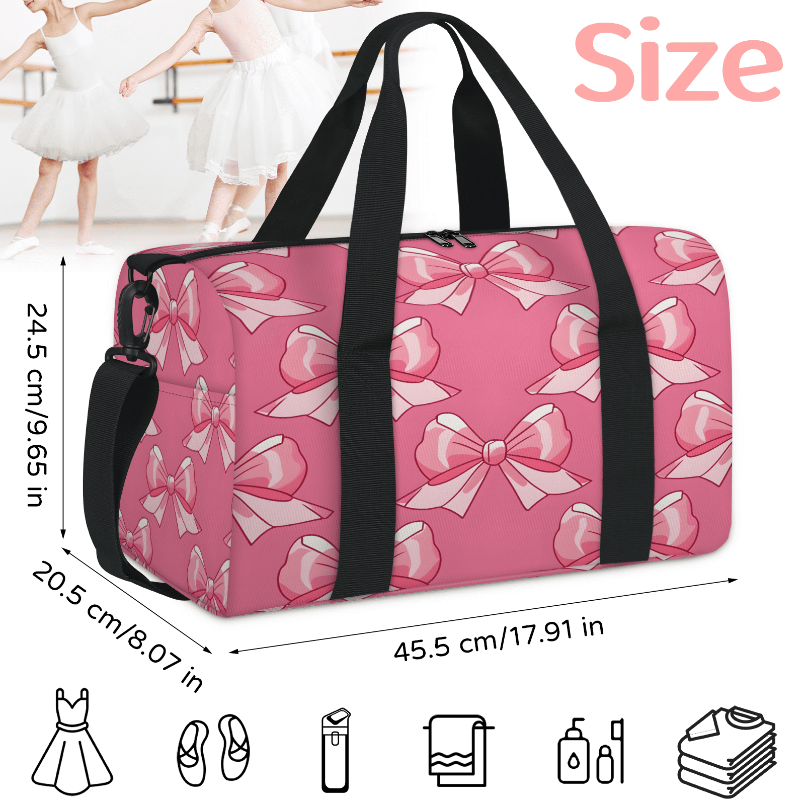 Herdesigns Pink Gym Bag for Women, Duffle Bag for Travel Sport, Bow Lightweight Waterproof Carry on Weekender Dance Yoga Workout Bags
