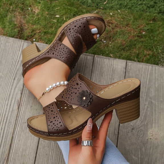 Bkhluea Women Perforated Floral Accent Block Heel Slide Sandals Comfortable Footwear For Casual Outdoor Daily Activities