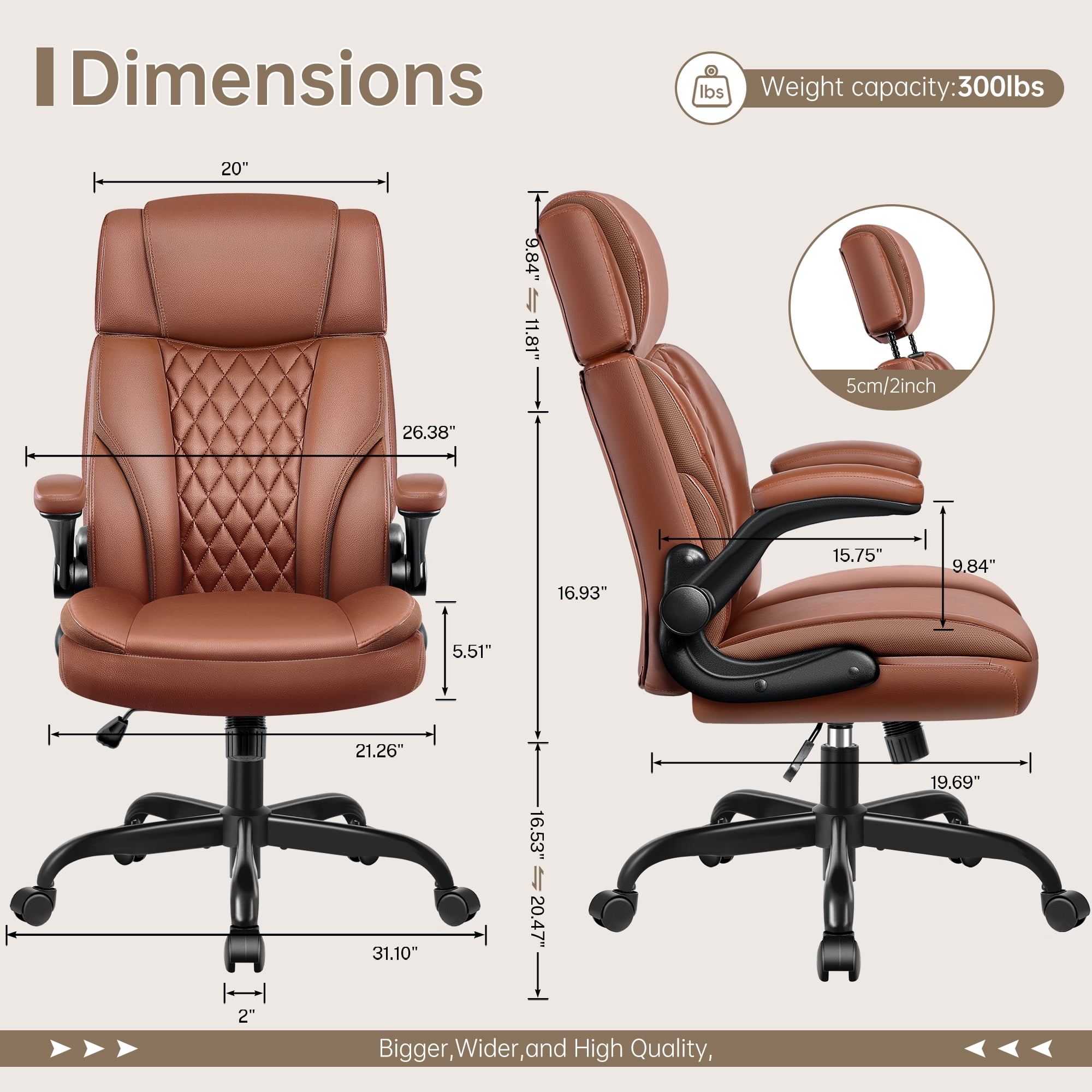 FASTES Leather Office Chair, Executive Desk Chair with Flip Up Arms, Ergonomic Computer Desk Chairs Home Office Chair with Adjustable Headrest and Rocking Function, Brown