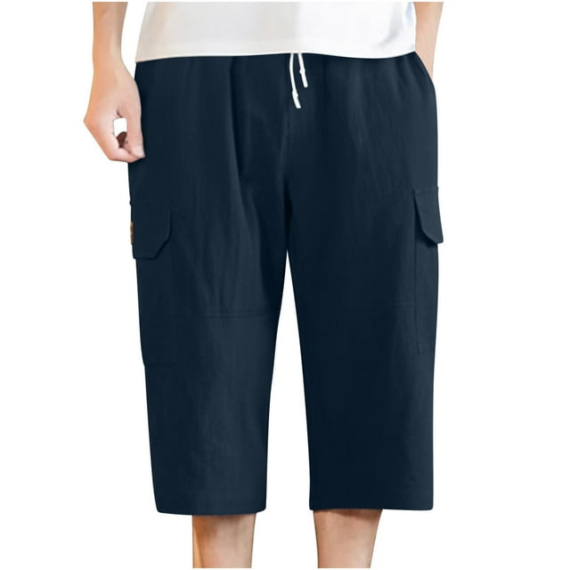Birdeem Summer Mens Loose Cotton Linen Work Pants Oversized Casual Straight Leg Capris Cropped Trousers