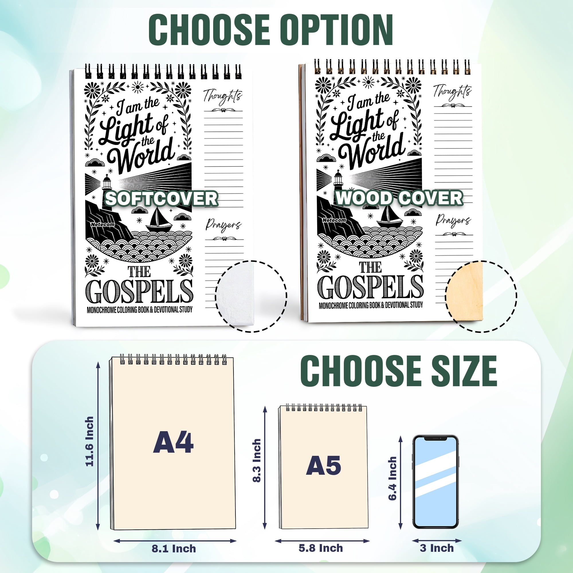 The Gospels Monochrome Coloring Book for Adults, 30 Minimalist Scripture Art Pages with Reflection & Prayer Space, Spiral Bound, A4 or A5 Softcover or Wood Cover