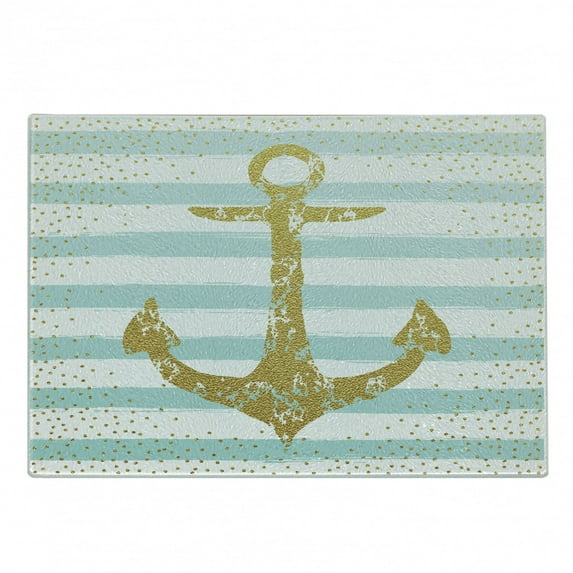Anchor Cutting Board, Nordic Marine Golden Yellow Anchor Striped Background Old-Fashioned Art, Decorative Tempered Glass Cutting and Serving Board, Small Size, Pale Blue White, by Ambesonne