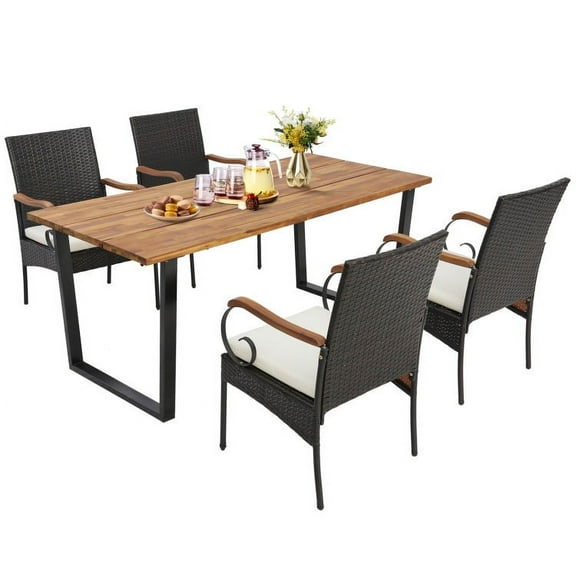Spaco 5 Pieces Patio Rattan Dining Set with Umbrella Hole for Poolside Backyard, Furniture Conversation Sets, Coffee Table for Garden, Poolside, Backyard