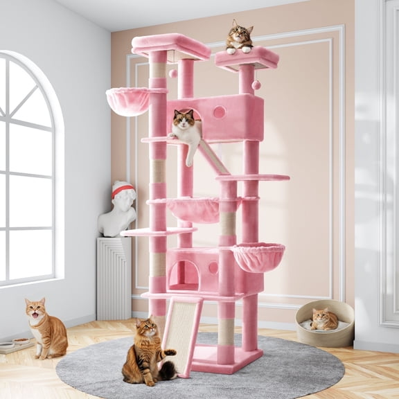 Amolife 81" Large Cat Tree Tower for Large Cats with Cat Condo Hammock, 2 Scratching Ramps, 6 Scratching Posts, Pink