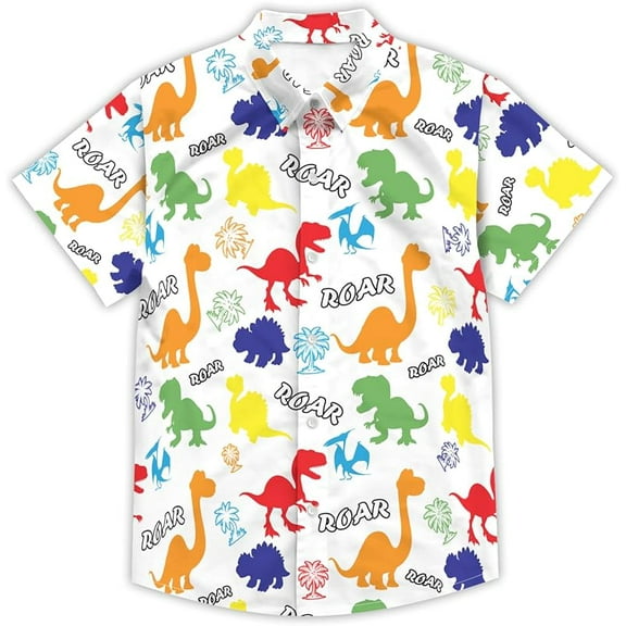 Boys Hawaiian Shirt Button Down Shirt Short Sleeve Cartoon Print Hawaiian Beach Shirt for Kids