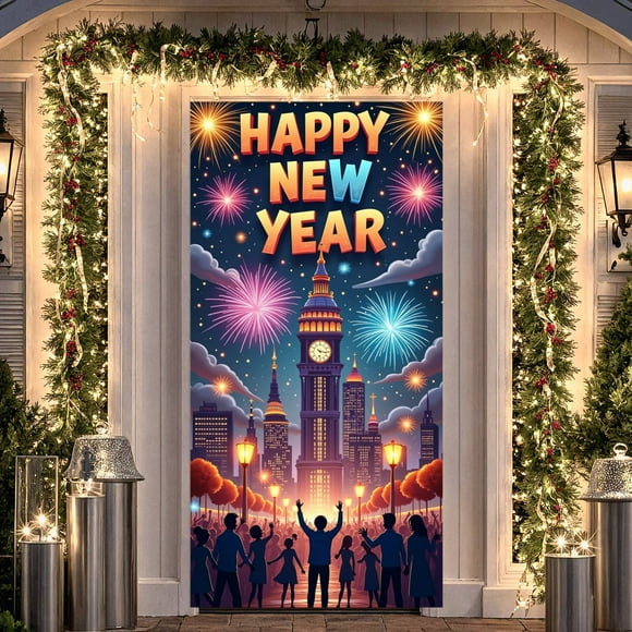 Feux d'Artifice Colorés Bannière Bonne Année Vue Nocturne de Ville Affichage du Nouvel An Design Festif Bâtiments Illuminés Toile de Fond NYE pour Fête du Nouvel An Célébration NYE Rassemblement des Fêtes