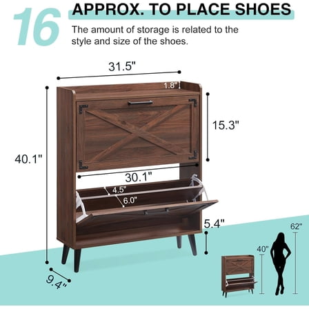 Farmhouse Style Shoe Cabinet with 2 Flip Drawers and 2 Shelves