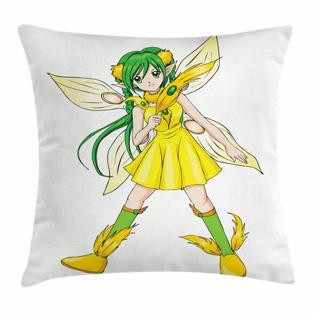 Anime Throw Pillow Cushion Cover, Fantasy Illustration of a Fairy Girl in a Yellow Dress Japanese Manga, Decorative Square Accent Pillow Case, 18 X 18 Inches, Yellow Lime Green Ivory, by