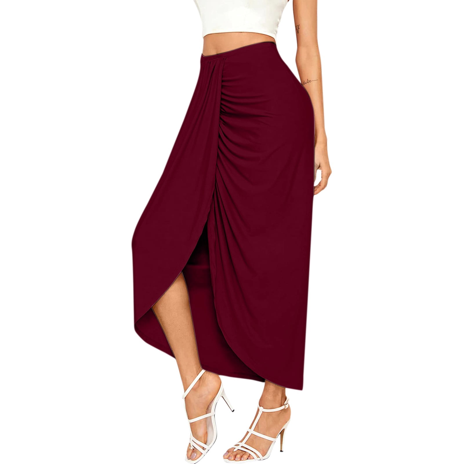 YUHAOTIN Female Womens Skirts Long Spring Womens Solid Draped Slit High Elastic Waist Casual Skirt Wrap Waist Asymmetrical Skirt Plaid Skirt Plus Size Blue Long Skirts for Women Summer Plus Size