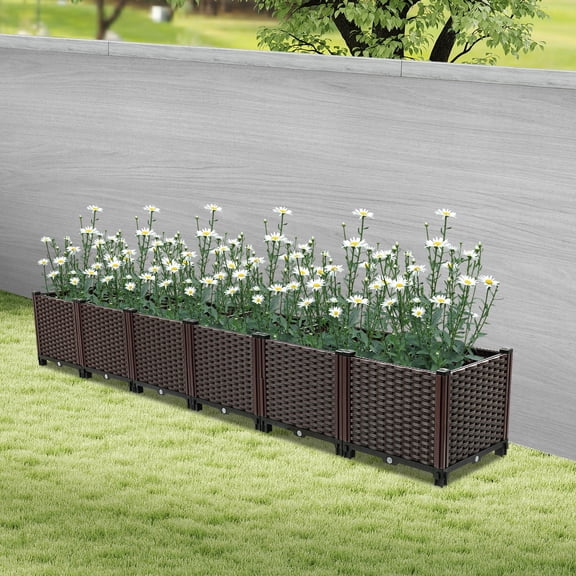ToppiJoy 6-Section 94Inch Self-Watering Planter Box, Large Garden Raised Bed with Woven Texture & Reinforced Frame for Vegetables Flowers, for Patio, Balcony, Garden Brown