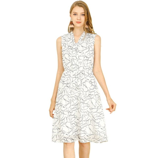 Vestido de Verano sin mangas Allegra K estampado Abstracto Bajo la rodilla cuello V con corbata para Mujeres Blanco XS