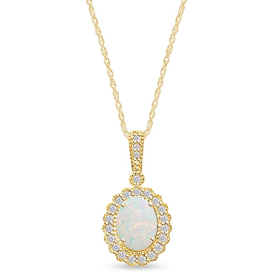 Oval Cut Lab Created Opal And Simulated White Sapphire Halo Pendant Necklace In 14k Yellow Gold Over Sterling Silver With 18" Chain
