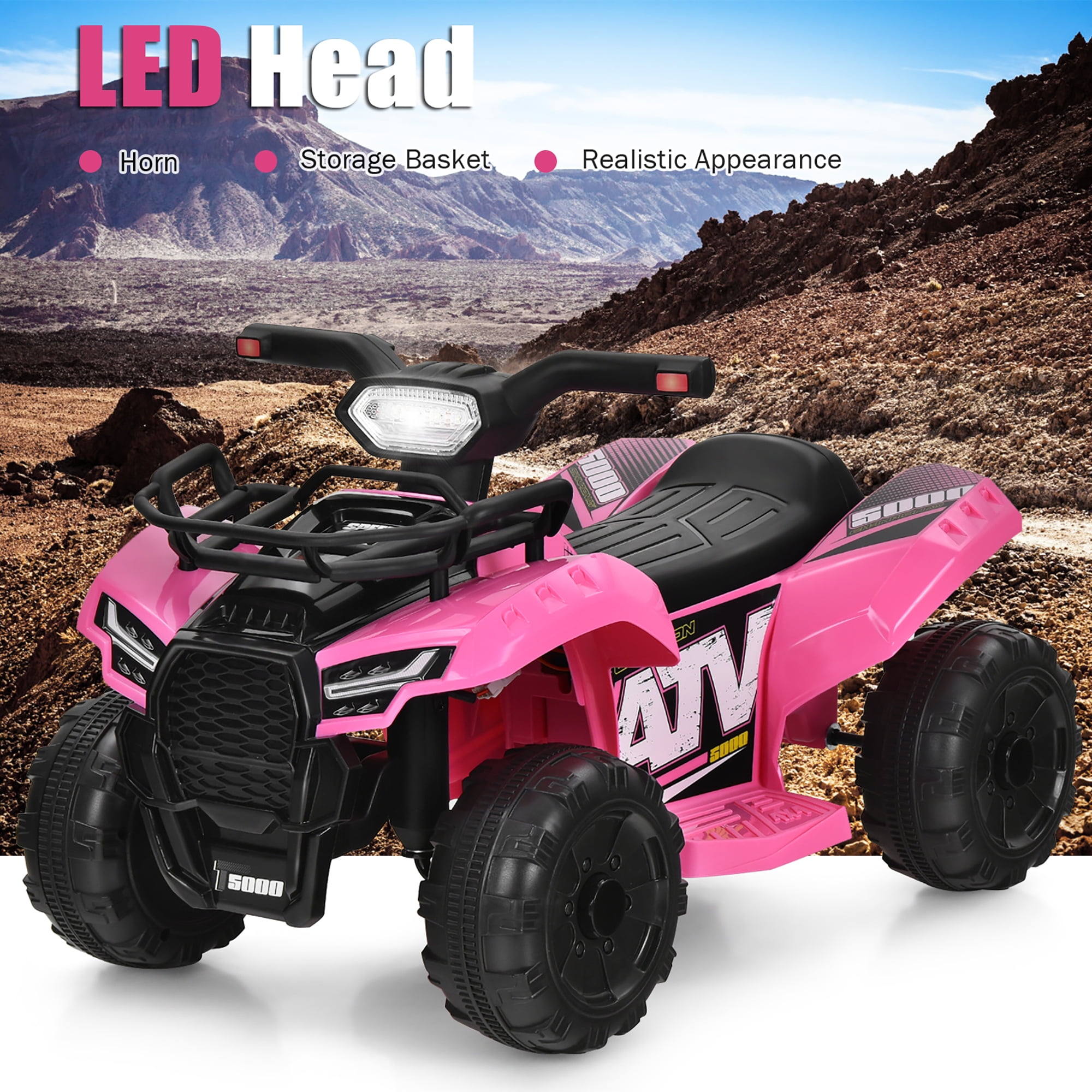 Costway 6V Kids ATV Quad Electric Ride On Car Toy Toddler with LED Light MP3 Pink