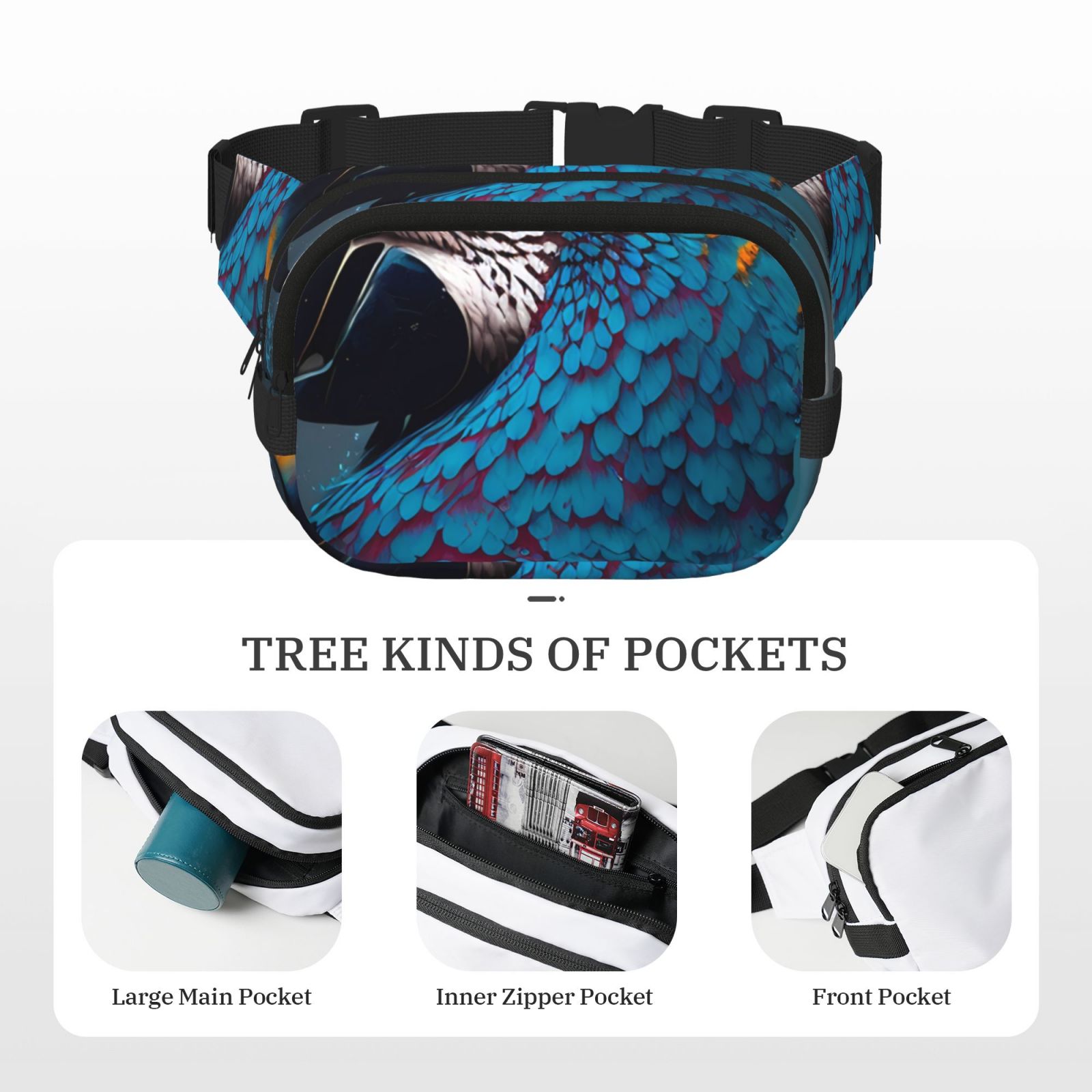 Picia Modern Style Blue Parrot Print Square Double-Layer Waist Bag Mini Adjustable Waist Belt Bag Exercise Running Travel Hiking