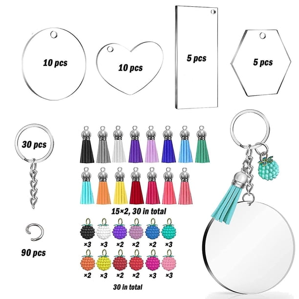 Kit de llavero acrílico en blanco de 210 piezas, 4 formas de espacios en blanco transparentes acrílicos, llaveros, borlas, frambuesa D