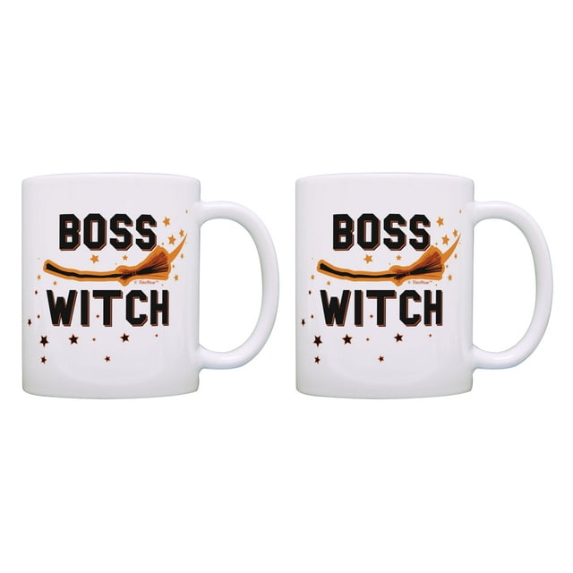 ThisWear Pun Gifts Boss Witch Halloween Mug Set Broomstick Witch Cup 11 ounce 2 Pack Coffee Mugs